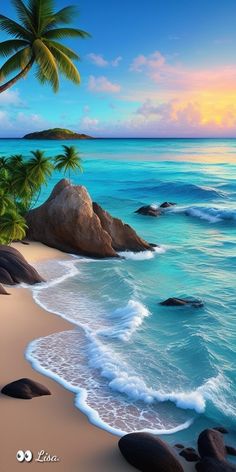 a painting of the beach with palm trees and rocks in the foreground is an ocean view