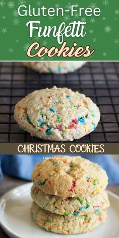 gluten - free funfetti cookies on a cooling rack with text overlay