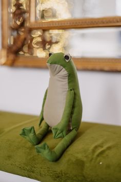 a stuffed frog sitting on top of a green cushion in front of a framed mirror