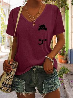 Cat Print Short Sleeve T-Shirt Casual Short Sleeve T-shirt With Cat Print, Casual Summer Tops With Cat Print, Casual Cat Print Top For Summer, Casual Summer Cat Print Tops, Trendy Short Sleeve Top With Cat Print, Parrot Head, Cheap Clothing, Women T Shirts, Cheap Clothes