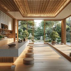 the interior of a modern japanese house with wood and stone accents on the walls, floor, and ceiling