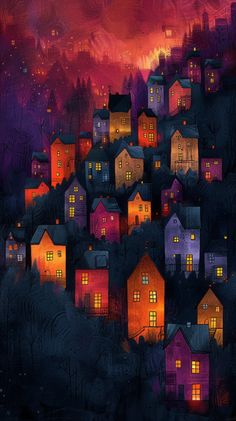 a painting of some houses in the night