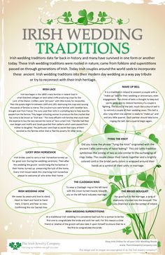 the irish wedding traditions info sheet with shamrocks and clover leaves on it's side