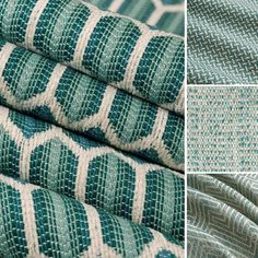 three different patterns on fabric, one in blue and the other in green with white stripes