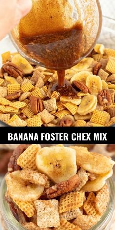 a bowl filled with banana fosterer chex mix