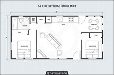 a floor plan for a tiny house with two bedroom and living room in the middle