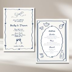 the wedding card is designed with blue ink