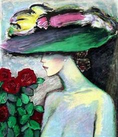 a painting of a woman wearing a green hat and holding roses