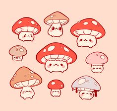 many different types of mushrooms on a pink background with the same color as the image