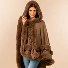 Faux Fur Trim Cape/Ruana W/Hood Fall-Winter Stuff 100% Acrylic One Size Fits Most Warm One-size-fits-all Winter Outerwear, Fur Trimmed Cape, Winter Wishlist, Fur Poncho, White Poncho, Draped Sweater, Winter Poncho, Faux Fur Hooded Coat, Kimono Style Jacket