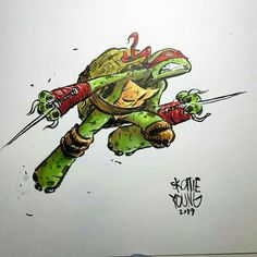 a drawing of a teenaged ninja turtle with two swords in his hands and one hand on the ground