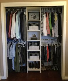 an organized closet with clothes and shoes