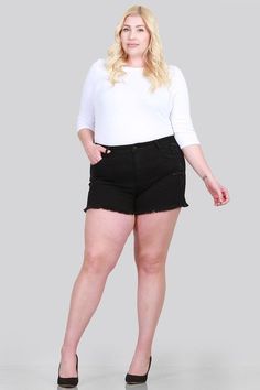 Plus Size Black Mid Rise Distresses Raw Hem Shorts Jeans | Baylee & Brooke’s Boutique Scissor Cut, Mid Rise Shorts, Plus Size Black, Plus Size Shorts, Shorts Jeans, Girl Gang, Our Girl, Fashion Classy, Stretch Jeans