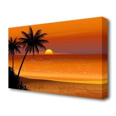 an orange sunset over the ocean with palm trees on the beach canvas wall art print