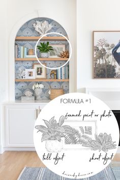 Styled bookshelf with formula used to create one of arrangements Coastal Bookcase, How To Decorate A Bookcase, Decorate Bookshelves, How To Decorate A Bookshelf, Decorate A Bookshelf, Decorate Shelves, Shelf Decorating, Bookshelf Accessories, Shelf Decor Living Room