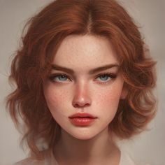 a woman with red hair and blue eyes is shown in this digital painting style image