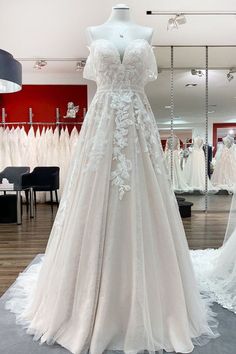 Discover Biztunnel's affordable Gorgeous Long A-line Off-the-shoulder Tulle Lace Appliques Wedding Dress in all colors. Thousands of boho wedding dresses are offered. Safety Payment. Top Quality. Summer Wedding Dress With Sleeves, Backless Bridal Dresses, Wedding Dress With Tulle, Wedding Dress With Sleeves, Dress With Tulle, Aline Wedding Dress, Applique Wedding, Dress With Sleeves