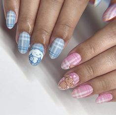 Cinnamon Nails, Cinnamoroll Nails, Sanrio Nails, Kids Nail Designs, Bunny Nails, Fake Nails Designs, Nails Purple, Art Designs Ideas, Plaid Nails