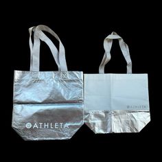 Athleta Lot Of 2/ Reusable Large Silver Metallic & White Tote Bag New Never Used White Futuristic, Spring Tote, Branded Tote Bags, Yoga Tote, Bags Ideas, Silver Bags, White Tote Bag, White Tote, Metallic Bag