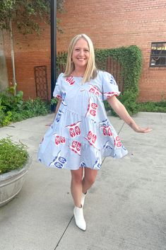 Women's Short Red and Blue Boot Print Dress in Light Blue Details Available in sizes S - L Puff Sleeves Tiered Pockets Western Boot Print Pattern Round Neck 100% Cotton Sizing Small: 2/4, Medium: 6/8, Large: 10/12 Fit My cute friend, Mary, is 5'4", 135lbs with 20 of that being in her tig o' bitties. She is rockin' the medium. This dress has a flowy relaxed fit. Size down if between sizes or if you don't have tig o's bitties like Mary. :) Casual Blue Dress For 4th Of July, Boots Dress, Bow Headband Hairstyles, Blue Boots, Long Sleeve Outerwear, Boot Print, Western Boot, Grey Denim, Cute Friends