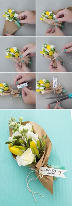 how to make flowers out of wrapping paper with scissors and twine on the end