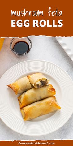 two egg rolls on a white plate next to a cup of coffee