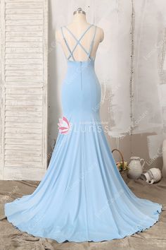 Ice Blue Plunging Crisscross High Slit Mermaid Dress - Lunss Gala Attire, Evening Fashion, Dress Silhouette, Mermaid Fashion, Prom Party, Mermaid Dress, Evening Dresses Prom, Plunging Neckline, Ice Blue