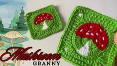 two crocheted square with mushrooms on them and the words autumn granny written below