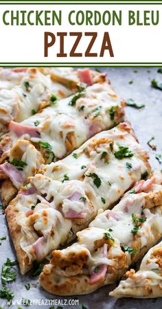 chicken cordon bleu pizza with cheese sauce and parsley on the side