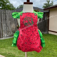 Watermelon themed ruffled bottom baby romper with optional name or monogram on front.  Romper features ruffles on the bottom and straps, and ricrac trim on front.  Message me for alternate fonts and fabric options.  Made to order in a smoke free environment. Fitted Ruffle Onesie For Summer, Customizable Fitted Onesie For Summer, Fitted Red Bubble Romper With Ruffles, Fitted Summer Onesie For Birthday, Fitted Onesie For Summer Birthday, Girls Rompers, Baby Romper, Baby Stuff, Ruffles