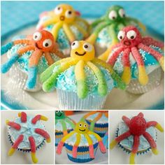 cupcakes decorated like octopuses on a plate