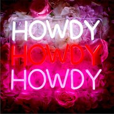 a neon sign that says, howdy hodwy? with roses in the background