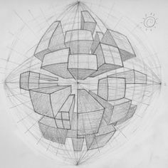 a pencil drawing of an abstract object with lines and shapes in the shape of cubes