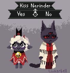 two cats dressed up as batman and catwoman in pixel art with text that reads, kiss reminder yes & no