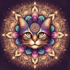 a cat's face is surrounded by intricate designs