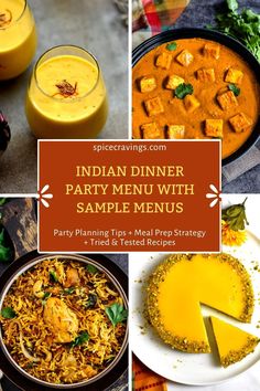 several different pictures with the words diwali dinner party menu with sample menus