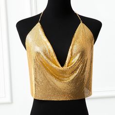 F00176857-804 Rhinestone Top, Chain Top, Halter Tank, Cowl Neck Top, Vest Fashion, Sleeveless Crop Top, Rave Outfits, Metal Chain, Night Club