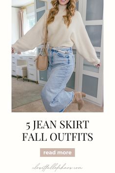 Did you know that you can bring your long denim skirt into fall? Yes, that's right! No need to pack this wardrobe staple away once the weather cools down. Here are 5 cute denim skirt fall outfit ideas! Denim Skirt Fall Outfit, Denim Skirt Outfit Fall, Long Jean Skirt Outfits, Cute Denim Skirt, Warm Fall Outfits