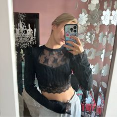 Brand New Lace Black Top From Free People Size Small Tag Still On Corset Style Detailing On Front Sheer Lace Panels On Front & Back Lace Trim Sleeves Originally $98 Black Stretch Lace Crop Top, Black Lace Crop Top For Party, Black Lace Crop Top For Evening, Chic Black Lace Top Crop Top, Chic Black Lace Crop Top, Lace Black Top, Black Lace Crop Top, Scoop Neck Crop Top, Free People Velvet