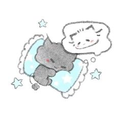 a drawing of a cat sleeping on top of a pillow with stars in the background