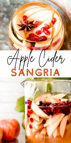 an apple cider sangria in a glass pitcher