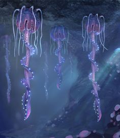 an underwater scene with jellyfish and other sea creatures