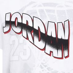 Is your child's ball game off the change? Then, they need clothing that represents they're a true baller or at least support his Airness and his contributions to the game. And with the lightweight, breathable material, your child will feel as cool as they look.Features: Short-sleeved. Crew neck. Features Jordan name across front. Has Jordan's player number. Jumpman on sleeve. Details: Relaxed fit. Machine washable. Throwback Basketball Tops With Team Logo, Sporty Basketball Team Tops, White Tops For Football Season Streetwear, White Streetwear Tops For Football Season, White T-shirt For Baseball Season Sports, Basketball Team Spirit Tops With Team Logo, White T-shirt For Baseball Season, Throwback Moisture-wicking Tops For Game Day, Throwback Sports Top For Football Season