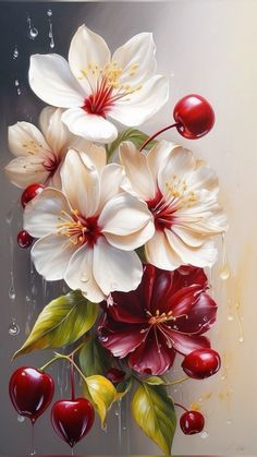 an oil painting of white and red flowers with cherries on the petals, in front of a gray background