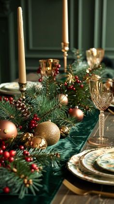 the table is set for christmas dinner with gold and green decorations, candles, and greenery