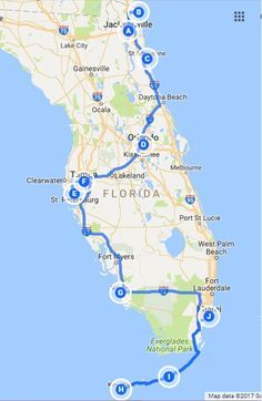 a map showing the route to florida