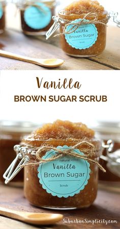 vanilla brown sugar scrub in a glass jar with spoons and labels on the side