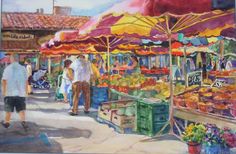 a painting of people shopping at an outdoor market