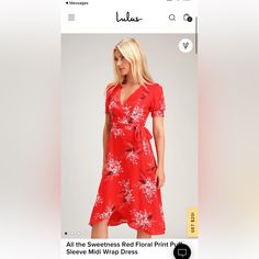 Floral Wrap Dress / Side Tie And Double Lined Nwt Never Worn Lulus Red And White Flowers Cute Red Dresses, Red Wrap Dress, Long Wrap Dress, Cute Floral Dresses, Red And White Flowers, Womens Wrap Dress, Red Floral Print, Midi Wrap Dress, Strapless Midi Dress