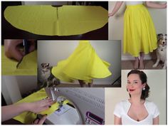 a woman in a yellow dress is cutting fabric